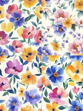 seamless hand-painted watercolor peony floral pattern, soft gouache brush strokes, smooth blurred edges, pale cream yellow background, scattered peony flowers in magenta pink, lavender purple, warm golden yellow, cornflower blue, light pink, paired with muted fresh green leaves, retro cottage textile print design, soft pastel color palette, no sharp outlines, evenly distributed elements, seamless repeating texture