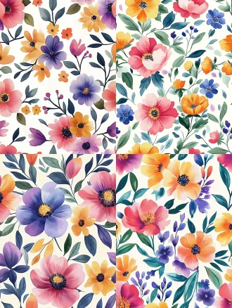 seamless hand-painted watercolor peony floral pattern, soft gouache brush strokes, smooth blurred edges, pale cream yellow background, scattered peony flowers in magenta pink, lavender purple, warm golden yellow, cornflower blue, light pink, paired with muted fresh green leaves, retro cottage textile print design, soft pastel color palette, no sharp outlines, evenly distributed elements, seamless repeating texture