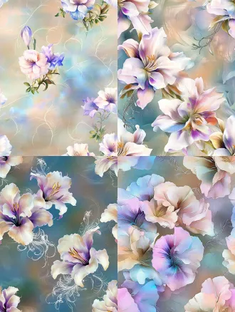 ethereal seamless floral pattern, translucent flowing large fantasy lily flowers, gradient color of pale sky blue, soft lavender purple, light mint green and milky white, soft watercolor blurred smudge background in misty cyan blue, delicate thin line art curly wispy silver vines interspersed, dreamy diffused soft light, gentle painterly texture, elegant textile printing design, low saturation cool pastel tone, no hard sharp edges, glowing translucent petal effect