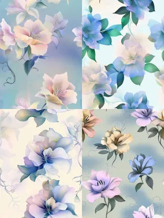 ethereal seamless floral pattern, translucent flowing large fantasy lily flowers, gradient color of pale sky blue, soft lavender purple, light mint green and milky white, soft watercolor blurred smudge background in misty cyan blue, delicate thin line art curly wispy silver vines interspersed, dreamy diffused soft light, gentle painterly texture, elegant textile printing design, low saturation cool pastel tone, no hard sharp edges, glowing translucent petal effect