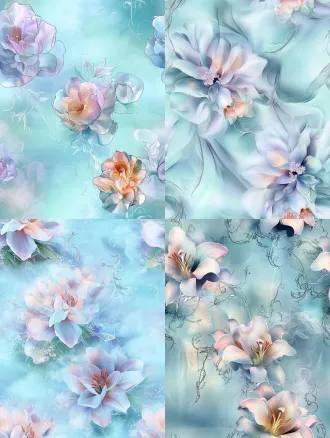 ethereal seamless floral pattern, translucent flowing large fantasy lily flowers, gradient color of pale sky blue, soft lavender purple, light mint green and milky white, soft watercolor blurred smudge background in misty cyan blue, delicate thin line art curly wispy silver vines interspersed, dreamy diffused soft light, gentle painterly texture, elegant textile printing design, low saturation cool pastel tone, no hard sharp edges, glowing translucent petal effect