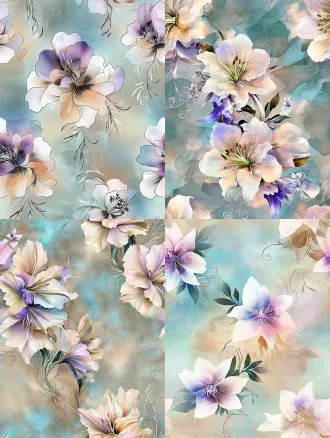 ethereal seamless floral pattern, translucent flowing large fantasy lily flowers, gradient color of pale sky blue, soft lavender purple, light mint green and milky white, soft watercolor blurred smudge background in misty cyan blue, delicate thin line art curly wispy silver vines interspersed, dreamy diffused soft light, gentle painterly texture, elegant textile printing design, low saturation cool pastel tone, no hard sharp edges, glowing translucent petal effect