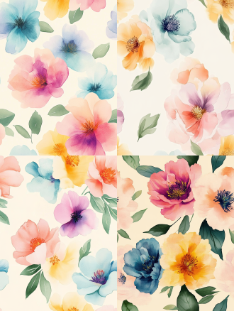 seamless hand-painted watercolor peony floral pattern, soft gouache brush strokes, smooth blurred edges, pale cream yellow background, scattered peony flowers in magenta pink, lavender purple, warm golden yellow, cornflower blue, light pink, paired with muted fresh green leaves, retro cottage textile print design, soft pastel color palette, no sharp outlines, evenly distributed elements, seamless repeating texture