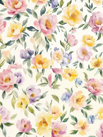 seamless hand-painted watercolor peony floral pattern, soft gouache brush strokes, smooth blurred edges, pale cream yellow background, scattered peony flowers in magenta pink, lavender purple, warm golden yellow, cornflower blue, light pink, paired with muted fresh green leaves, retro cottage textile print design, soft pastel color palette, no sharp outlines, evenly distributed elements, seamless repeating texture