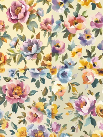 seamless hand-painted watercolor peony floral pattern, soft gouache brush strokes, smooth blurred edges, pale cream yellow background, scattered peony flowers in magenta pink, lavender purple, warm golden yellow, cornflower blue, light pink, paired with muted fresh green leaves, retro cottage textile print design, soft pastel color palette, no sharp outlines, evenly distributed elements, seamless repeating texture