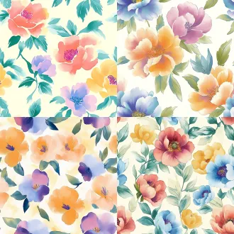 seamless hand-painted watercolor peony floral pattern, soft gouache brush strokes, smooth blurred edges, pale cream yellow background, scattered peony flowers in magenta pink, lavender purple, warm golden yellow, cornflower blue, light pink, paired with muted fresh green leaves, retro cottage textile print design, soft pastel color palette, no sharp outlines, evenly distributed elements, seamless repeating texture