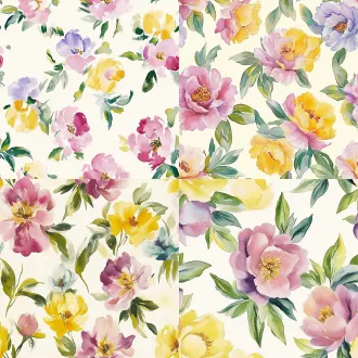 seamless hand-painted watercolor peony floral pattern, soft gouache brush strokes, smooth blurred edges, pale cream yellow background, scattered peony flowers in magenta pink, lavender purple, warm golden yellow, cornflower blue, light pink, paired with muted fresh green leaves, retro cottage textile print design, soft pastel color palette, no sharp outlines, evenly distributed elements, seamless repeating texture