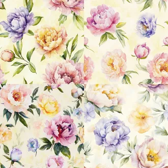 seamless hand-painted watercolor peony floral pattern, soft gouache brush strokes, smooth blurred edges, pale cream yellow background, scattered peony flowers in magenta pink, lavender purple, warm golden yellow, cornflower blue, light pink, paired with muted fresh green leaves, retro cottage textile print design, soft pastel color palette, no sharp outlines, evenly distributed elements, seamless repeating texture