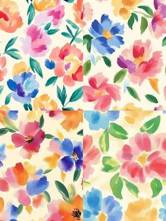 seamless hand-painted watercolor peony floral pattern, soft gouache brush strokes, smooth blurred edges, pale cream yellow background, scattered peony flowers in magenta pink, lavender purple, warm golden yellow, cornflower blue, light pink, paired with muted fresh green leaves, retro cottage textile print design, soft pastel color palette, no sharp outlines, evenly distributed elements, seamless repeating texture
