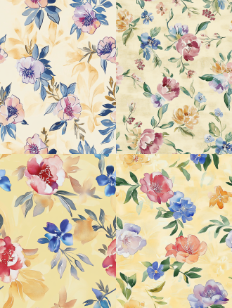 seamless hand-painted watercolor peony floral pattern, soft gouache brush strokes, smooth blurred edges, pale cream yellow background, scattered peony flowers in magenta pink, lavender purple, warm golden yellow, cornflower blue, light pink, paired with muted fresh green leaves, retro cottage textile print design, soft pastel color palette, no sharp outlines, evenly distributed elements, seamless repeating texture
