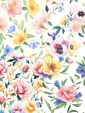 seamless hand-painted watercolor peony floral pattern, soft gouache brush strokes, smooth blurred edges, pale cream yellow background, scattered peony flowers in magenta pink, lavender purple, warm golden yellow, cornflower blue, light pink, paired with muted fresh green leaves, retro cottage textile print design, soft pastel color palette, no sharp outlines, evenly distributed elements, seamless repeating texture