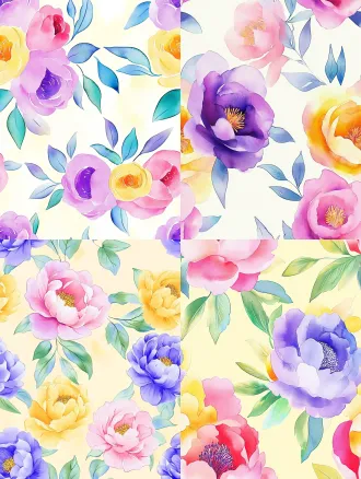 seamless hand-painted watercolor peony floral pattern, soft gouache brush strokes, smooth blurred edges, pale cream yellow background, scattered peony flowers in magenta pink, lavender purple, warm golden yellow, cornflower blue, light pink, paired with muted fresh green leaves, retro cottage textile print design, soft pastel color palette, no sharp outlines, evenly distributed elements, seamless repeating texture
