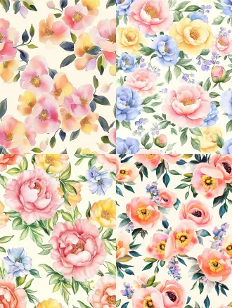seamless hand-painted watercolor peony floral pattern, soft gouache brush strokes, smooth blurred edges, pale cream yellow background, scattered peony flowers in magenta pink, lavender purple, warm golden yellow, cornflower blue, light pink, paired with muted fresh green leaves, retro cottage textile print design, soft pastel color palette, no sharp outlines, evenly distributed elements, seamless repeating texture