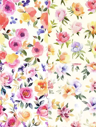 seamless hand-painted watercolor peony floral pattern, soft gouache brush strokes, smooth blurred edges, pale cream yellow background, scattered peony flowers in magenta pink, lavender purple, warm golden yellow, cornflower blue, light pink, paired with muted fresh green leaves, retro cottage textile print design, soft pastel color palette, no sharp outlines, evenly distributed elements, seamless repeating texture