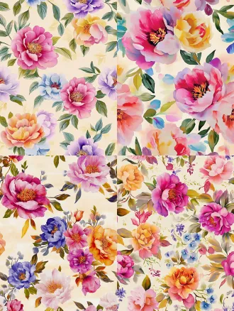 seamless hand-painted watercolor peony floral pattern, soft gouache brush strokes, smooth blurred edges, pale cream yellow background, scattered peony flowers in magenta pink, lavender purple, warm golden yellow, cornflower blue, light pink, paired with muted fresh green leaves, retro cottage textile print design, soft pastel color palette, no sharp outlines, evenly distributed elements, seamless repeating texture