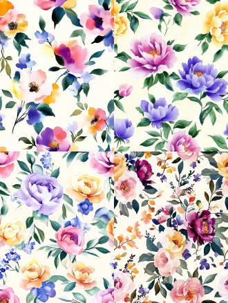 seamless hand-painted watercolor peony floral pattern, soft gouache brush strokes, smooth blurred edges, pale cream yellow background, scattered peony flowers in magenta pink, lavender purple, warm golden yellow, cornflower blue, light pink, paired with muted fresh green leaves, retro cottage textile print design, soft pastel color palette, no sharp outlines, evenly distributed elements, seamless repeating texture