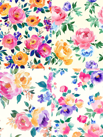 seamless hand-painted watercolor peony floral pattern, soft gouache brush strokes, smooth blurred edges, pale cream yellow background, scattered peony flowers in magenta pink, lavender purple, warm golden yellow, cornflower blue, light pink, paired with muted fresh green leaves, retro cottage textile print design, soft pastel color palette, no sharp outlines, evenly distributed elements, seamless repeating texture