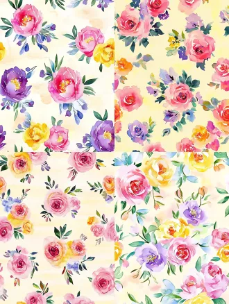 seamless hand-painted watercolor peony floral pattern, soft gouache brush strokes, smooth blurred edges, pale cream yellow background, scattered peony flowers in magenta pink, lavender purple, warm golden yellow, cornflower blue, light pink, paired with muted fresh green leaves, retro cottage textile print design, soft pastel color palette, no sharp outlines, evenly distributed elements, seamless repeating texture