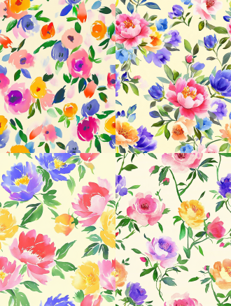 seamless hand-painted watercolor peony floral pattern, soft gouache brush strokes, smooth blurred edges, pale cream yellow background, scattered peony flowers in magenta pink, lavender purple, warm golden yellow, cornflower blue, light pink, paired with muted fresh green leaves, retro cottage textile print design, soft pastel color palette, no sharp outlines, evenly distributed elements, seamless repeating texture