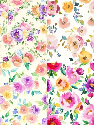 seamless hand-painted watercolor peony floral pattern, soft gouache brush strokes, smooth blurred edges, pale cream yellow background, scattered peony flowers in magenta pink, lavender purple, warm golden yellow, cornflower blue, light pink, paired with muted fresh green leaves, retro cottage textile print design, soft pastel color palette, no sharp outlines, evenly distributed elements, seamless repeating texture