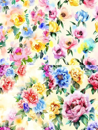 seamless hand-painted watercolor peony floral pattern, soft gouache brush strokes, smooth blurred edges, pale cream yellow background, scattered peony flowers in magenta pink, lavender purple, warm golden yellow, cornflower blue, light pink, paired with muted fresh green leaves, retro cottage textile print design, soft pastel color palette, no sharp outlines, evenly distributed elements, seamless repeating texture