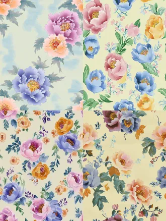 seamless hand-painted watercolor peony floral pattern, soft gouache brush strokes, smooth blurred edges, pale cream yellow background, scattered peony flowers in magenta pink, lavender purple, warm golden yellow, cornflower blue, light pink, paired with muted fresh green leaves, retro cottage textile print design, soft pastel color palette, no sharp outlines, evenly distributed elements, seamless repeating texture