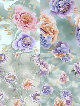 seamless repeating pattern, alcohol ink art, dreamy soft cloud marble background in pastel baby blue, lavender, dusty pink and milky white, peony flowers outlined with delicate gilded thin lines, translucent watercolor texture, soft hazy glow, subtle glittering gold veins, low saturation gentle color palette, ethereal romantic, ultra fine details, 8k