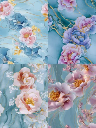 seamless repeating pattern, alcohol ink art, dreamy soft cloud marble background in pastel baby blue, lavender, dusty pink and milky white, peony flowers outlined with delicate gilded thin lines, translucent watercolor texture, soft hazy glow, subtle glittering gold veins, low saturation gentle color palette, ethereal romantic, ultra fine details, 8k