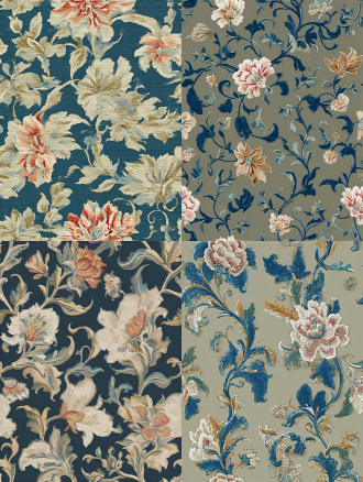 seamless repeating jacobean embroidery floral pattern, deep navy blue background, vintage hand stitched peony and scrolling curvy vine botanical motifs, muted dusty pink, off white cream, warm ochre gold, soft slate grey low saturation color palette, realistic embroidery thread texture, fine detailed cross stitch grain, classic traditional home textile wallpaper style, flat 2d design, no perspective, no extra shadow