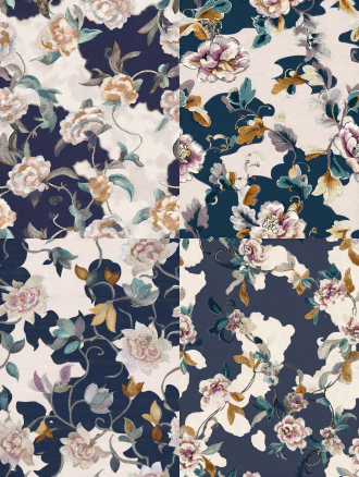 seamless repeating jacobean embroidery floral pattern, deep navy blue background, vintage hand stitched peony and scrolling curvy vine botanical motifs, muted dusty pink, off white cream, warm ochre gold, soft slate grey low saturation color palette, realistic embroidery thread texture, fine detailed cross stitch grain, classic traditional home textile wallpaper style, flat 2d design, no perspective, no extra shadow