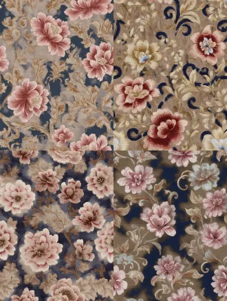 seamless repeating jacobean embroidery floral pattern, deep navy blue background, vintage hand stitched peony and scrolling curvy vine botanical motifs, muted dusty pink, off white cream, warm ochre gold, soft slate grey low saturation color palette, realistic embroidery thread texture, fine detailed cross stitch grain, classic traditional home textile wallpaper style, flat 2d design, no perspective, no extra shadow