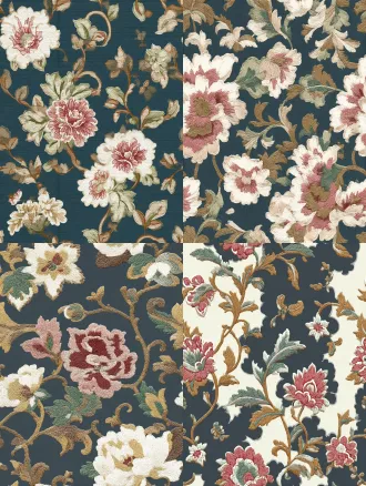 seamless repeating jacobean embroidery floral pattern, deep navy blue background, vintage hand stitched peony and scrolling curvy vine botanical motifs, muted dusty pink, off white cream, warm ochre gold, soft slate grey low saturation color palette, realistic embroidery thread texture, fine detailed cross stitch grain, classic traditional home textile wallpaper style, flat 2d design, no perspective, no extra shadow
