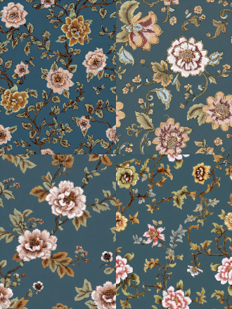 seamless repeating jacobean embroidery floral pattern, deep navy blue background, vintage hand stitched peony and scrolling curvy vine botanical motifs, muted dusty pink, off white cream, warm ochre gold, soft slate grey low saturation color palette, realistic embroidery thread texture, fine detailed cross stitch grain, classic traditional home textile wallpaper style, flat 2d design, no perspective, no extra shadow
