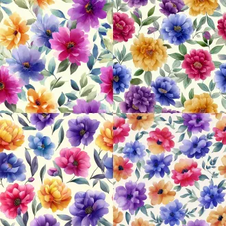 seamless hand-painted watercolor peony floral pattern, soft gouache brush strokes, smooth blurred edges, pale cream yellow background, scattered peony flowers in magenta pink, lavender purple, warm golden yellow, cornflower blue, light pink, paired with muted fresh green leaves, retro cottage textile print design, soft pastel color palette, no sharp outlines, evenly distributed elements, seamless repeating texture