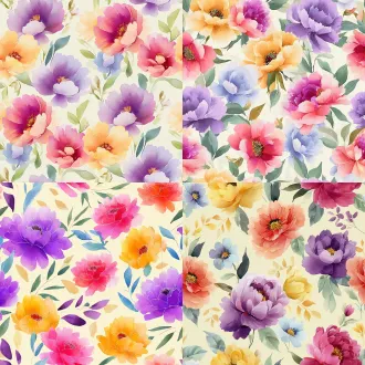 seamless hand-painted watercolor peony floral pattern, soft gouache brush strokes, smooth blurred edges, pale cream yellow background, scattered peony flowers in magenta pink, lavender purple, warm golden yellow, cornflower blue, light pink, paired with muted fresh green leaves, retro cottage textile print design, soft pastel color palette, no sharp outlines, evenly distributed elements, seamless repeating texture