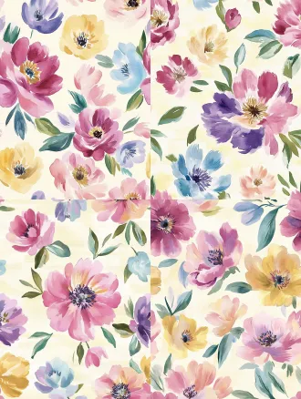 seamless hand-painted watercolor peony floral pattern, soft gouache brush strokes, smooth blurred edges, pale cream yellow background, scattered peony flowers in magenta pink, lavender purple, warm golden yellow, cornflower blue, light pink, paired with muted fresh green leaves, retro cottage textile print design, soft pastel color palette, no sharp outlines, evenly distributed elements, seamless repeating texture