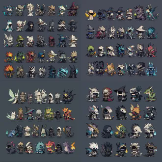 一套包含各种奇幻rpg迷你角色图标的贴图集，包括埃及妖精、兜帽法师、骑士和怪物等，采用可爱的q版风格，线条粗犷利落，色彩鲜艳，平面2d游戏画风，符合手游美学，细节丰富，纯深色灰背景，单层图层，像素风格，风格类似《王国保卫战》
