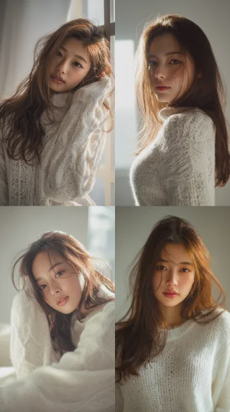 20 岁东亚女生，自然淡妆，浅棕色长发，白色针织衫，窗边柔和自然光，浅景深，8k 超高清，细节细腻，干净背景，治愈氛围