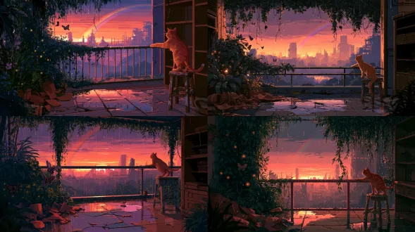 16-bit pixel art game background, detailed pixel shading, crisp hard pixel edges, limited palette, subtle dithering. the balcony after a rainstorm at dusk: cracked floor tiles mirror an orange-magenta sky, a faint rainbow over the ruined skyline, lush vines heavy with water, butterflies and fireflies around the plants, terracotta shards glistening, right side old wooden shelves. the orange tabby cat stands on the weathered stool stretching toward the railing. warm rim light, puddle reflections, volumetric haze, nostalgic summer evening.