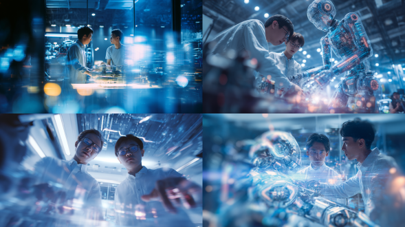 夏天清晨，两名中国创业者穿衬衫在科技展厅交流组装机器人，未来城市背景，低角度拍摄，冷色调，科技感，动态模糊，霓虹灯光，广角镜头，侧逆光，微距细节，透明材质，悬浮效果，现代建筑，高对比度，未来主义风格，专注表情，互动手势，透明投影，数字粒子效果，手势操作，光影交错。