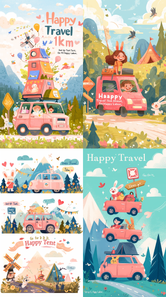 快乐出行主题插画，手绘风格，粉色汽车载着女孩和兔子，背景有山脉树木飞鸟，路标写着“快乐出行”和“前方1km”，风车标有“冲鸭”，帐篷搭建步骤图“搭帐篷”，女孩熊兔子露营场景“快乐劳动”，装饰云朵爱心星星，柔和高饱和色彩，卡通线条，温暖阳光，广角透视，扁平化设计，欢乐氛围