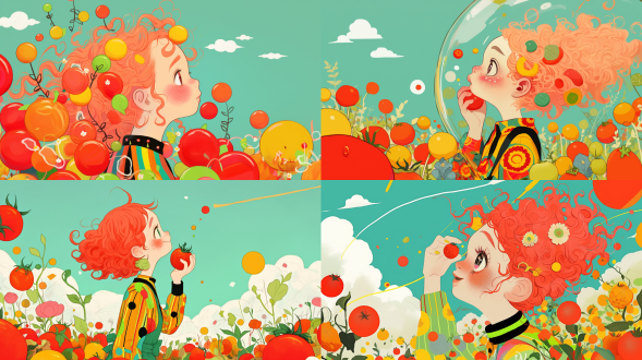 粉色大波浪卷发女孩侧面仰望天空，身着多彩条纹几何图案服装，被红橙番茄包围，粉绿色纯色背景带云彩，梦幻氛围，柔焦效果，浅景深，自然光，柔和阴影，鲜艳色彩，超现实主义风格，广角镜头，高饱和度，轻盈飘逸，愉悦表情，童话感