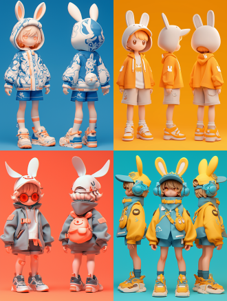 全身三视图，正面、侧面、背面，中国生肖，超可爱男孩戴兔子造型帽子，科技元素，时尚服装，站立姿势，泡泡玛特风格ip，hbi风格，盲盒玩具，高光质感，纯色背景，3d渲染，oc渲染，最佳质量，4k，超精细细节，潮流玩具，影棚灯光，明亮色调，卡通风格，可爱表情，圆润线条，未来感，立体感。