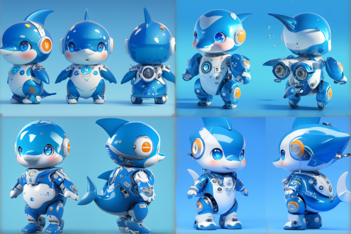 中国江豚男孩三视图，正面侧面背面，科技风服装，宝宝玛特风格，1:2头身比，卡通圆润线条，可爱表情，未来感设计，立体光泽质感，纯色背景，3d渲染，oc渲染，最佳质量，4k超高清，潮流玩具风格，工作室灯光，明亮色调，卡通风格，盲盒玩具，站立姿势，hbi风格，超可爱，时尚服装。