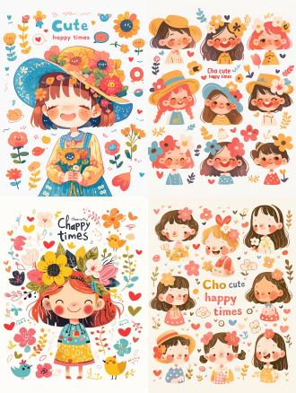 贴纸，白色背景上简笔画小女孩各种表情和快乐色彩，英文“cho cute girl, happy times”，戴花帽的孩童插画，下方彩色卡通花朵图案，中间两个微笑对视的孩子，周围有心形和对话泡泡，可爱风格，简洁线条，简单填色，萌系，卡哇伊风格，平面设计，明亮色调，手绘感，欢快情绪