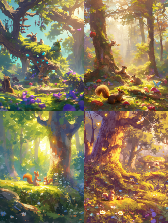 神秘魔法童话森林，可爱松鼠抱坚果，五彩斑斓花朵树木，森林生物环绕，青苔地面层次感，奇幻迷人魅力，童话魔法氛围，温暖质朴色调，明亮点缀色彩，神秘好奇感，广角微距镜头，柔和漫射光，高细节纹理，手绘插画风格，童话字体短语，梦幻光影效果，自然生机盎然，细腻笔触质感。