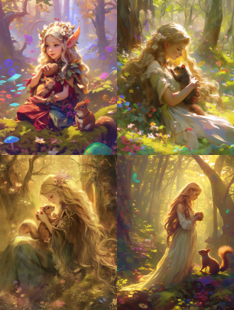 "神秘魔法童话森林贴纸，色彩鲜艳的松鼠抱坚果，金发公主沐浴阳光，五彩花朵环绕，青苔覆盖的森林地面，层次丰富，童话魔法氛围，暖色调，微距镜头，柔和散射光，细腻纹理，奇幻风格，明亮点缀色，神秘好奇感，童话标语，质朴温暖，细节精致，迷人魅力，广角景深，柔和阴影，自然元素密集。"