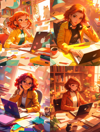 short bob hairstyle office scene of the red-haired girl, orange leather jacket, focused expression, apple laptop, surrounded by books, coffee cups, notebooks, cute little cat by her side, vibrant and cheerful colors, character design with various expressions and poses, bright lighting, wide-angle shot, warm tones, high saturation, dynamic composition, rich in details.