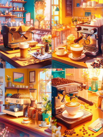 现代咖啡店场景，特写意式咖啡机，拉花拿铁杯，透明容器装咖啡豆，牛奶罐配料，精致白花点缀，柔和暖光，超高细节，8k分辨率，微距镜头，浅景深，自然光与补光结合，温馨氛围，细腻纹理，金色与棕色主调，舒适放松