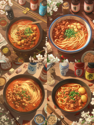 "一碗咖喱红油豆角肉沫拌面，面条裹满浓郁咖喱酱，配鸡肉块、土豆丁、胡萝卜粒，撒满豆角丝、葱花和肉末，无汤干拌，周围散落调料罐与玻璃瓶，背景点缀白色小花，自然光拍摄，中景构图，暖色调，高饱和度，微距镜头，柔焦效果，食欲感，清新田园风"